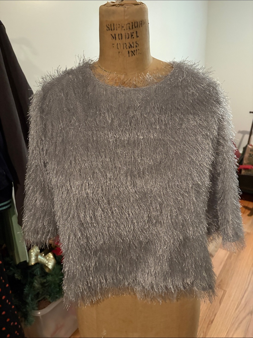Gracia Silvery gray Metallic Faux-Fur Crewneck Sweater